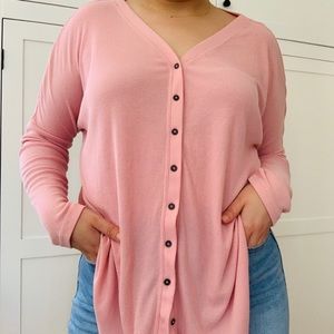 A.N.A Pink Ribbed Button Front V Neck Long Sleeve Top Size Large